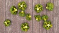 Group of broccoli on the wooden background. Top view. Vegetarian food concept.