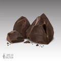 Group of broken chocolate pieces closeup, dark chocolate, cocoa, 3d realistic vector illustration Royalty Free Stock Photo