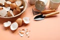 Group of broken egg shells ,plastic flower pot and set of gardening on beige colored background. Recycling kitchen waste.