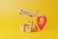 Group of brown cardboard boxes with red location pointer under flying airplane on yellow background Royalty Free Stock Photo