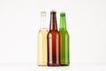Group of brown, green, transparent longneck beer bottles 500ml, mock up. Royalty Free Stock Photo