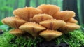A group of brown mushrooms growing on moss in a forest Royalty Free Stock Photo