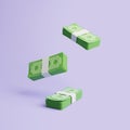 Group of Bundles of money floating on purple pastel background