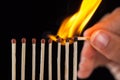 Group of burn and unburned matches, on black background Royalty Free Stock Photo