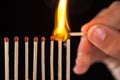 Group of burn and unburned matches, on black background Royalty Free Stock Photo