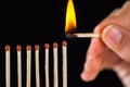 Group of burn and unburned matches, on black background Royalty Free Stock Photo