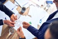 Group of business hands trying to connect puzzle pieces at office Royalty Free Stock Photo