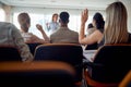 Group of business people asking the lecturer questions at seminar. People, job, company, business concept Royalty Free Stock Photo