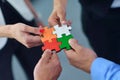 Group of business people assembling jigsaw puzzle Royalty Free Stock Photo