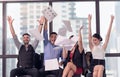 Business people celebrating by throwing their business papers and documents fly in air, Power of cooperation, Success teamwork Royalty Free Stock Photo