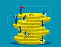 A group of business people climbing a huge pile of gold coins. Concept buisness financial vector illustration, Investment, Royalty Free Stock Photo