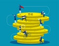 A group of business people climbing a huge pile of gold coins. Concept buisness financial vector illustration, Investment, Royalty Free Stock Photo