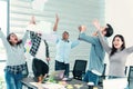 Group of business people finish job done throwing paper work and dance with happiness. Diversity people dance, fun, joy, happy Royalty Free Stock Photo