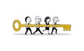 Group of business people holding big key forward to success. creative teamwork concept. isolated illustration outline hand Royalty Free Stock Photo