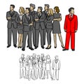 group of business people looking on the right except one in the red suit vector illustration.