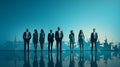 Group of business people outlines on blue background