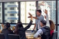 Group of business people raising hand and asking questions and discussing to business plan in the office Royalty Free Stock Photo