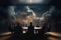 Group of business people sitting around table and looking at stormy sky, A boardroom with executives brainstorming, AI Generated