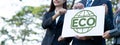 Group of business people stand united, holding eco-friendly idea. Gyre