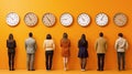 Group of business people standing in front of a wall with clocks. Generative AI