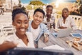 Group of business people taking a selfie at a restaurant having a lunch meeting outdoors in a city. Colleagues or Royalty Free Stock Photo