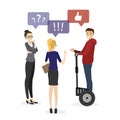 Group of business people talking. Cartoon casual dressing man is standing modern bike and chatting with fashion businesswoman