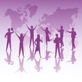 Group of business people teamwork silhouettes and earth planet maps Royalty Free Stock Photo