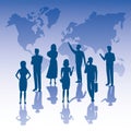Group of business people teamwork silhouettes and earth planet maps Royalty Free Stock Photo