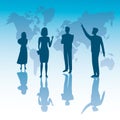 Group of business people teamwork silhouettes and earth planet maps Royalty Free Stock Photo