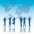 Group of business people teamwork silhouettes and earth planet maps Royalty Free Stock Photo