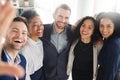 Group of business people together in selfie with smile, pride and happiness in workplace for company portrait Royalty Free Stock Photo