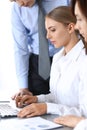 Group of business people using laptop computer in office. Meeting and teamwork concept Royalty Free Stock Photo