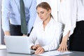 Group of business people using laptop computer in office. Meeting and teamwork concept Royalty Free Stock Photo