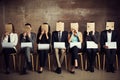 Group of business people waiting for job interview with boxes on their faces, Young people hiding their faces behind paper sheets