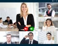 Group of Business team working people using video conference system enjoy online see face talking by video call application via Royalty Free Stock Photo