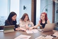 Group of business women meeting in a meeting room with blank screen, sharing their ideas, Multi ethnic Royalty Free Stock Photo