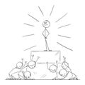 Group of People Worship or Invoke Leader or Individual as God.Vector Cartoon Stick Figure Illustration