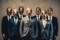 A group of businessmen in suits wearing wooden masks instead of faces is a surreal and unsettling image that can
