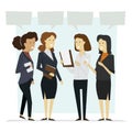 Group businesswoman stand talking with isolated background icon