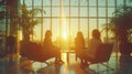 A group of businesswomen discussing strategies together in a bright, airy office space