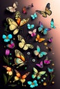 A group of butterflies on a black background - Ai Generated