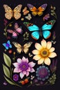 A group of butterflies on a black background - Ai Generated