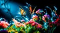Group of butterflies flying over bunch of pink and yellow flowers on black background. Generative AI Royalty Free Stock Photo