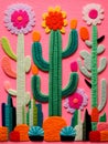 A Group Of Cactuses With Flowers, needle felting wool Embroidery of cactus