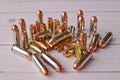 A group of 40 caliber hollow point and 44 special bullets Royalty Free Stock Photo