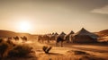 A group of camels are walking near the camp in the desert. AI generative image.