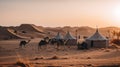 A group of camels are walking near the camp in the desert. AI generative image.