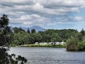 A group of campervans recreational vehicles on a lakeside