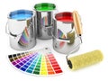 Group of can paints, roller brush and palette of colors Royalty Free Stock Photo