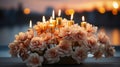 A group of candles in a flower shaped holder. Generative AI. Royalty Free Stock Photo